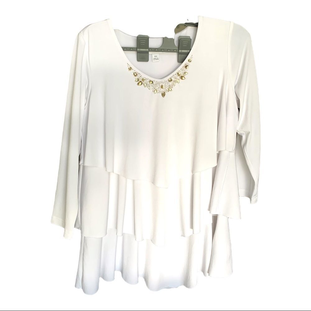Susan Graver 3/4 Sleeved Tiered Beaded Top fits up to a M (A-009)